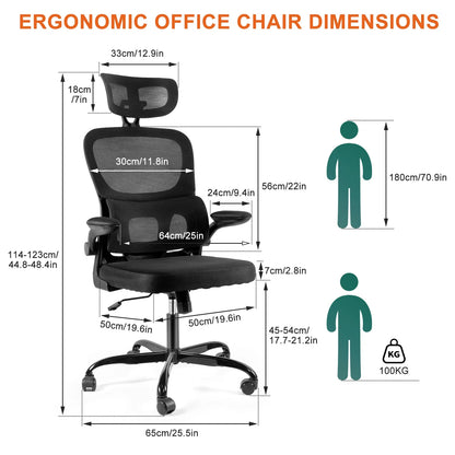 Gwong Ergonomic Office Chair Desk Chair with Folding Armrest Height-Adjustable Breathable Backrest Swivel Gaming Chair