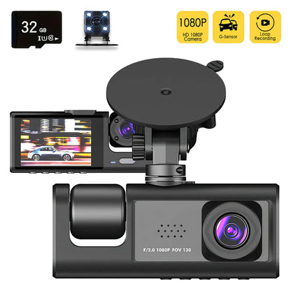 HD 1080P 3-Lens Car Camera 3 Channel Car DVRs Inside Vehicle Dash Cam Video Recorder Night Vision Dashcam With 32GB Memory Card