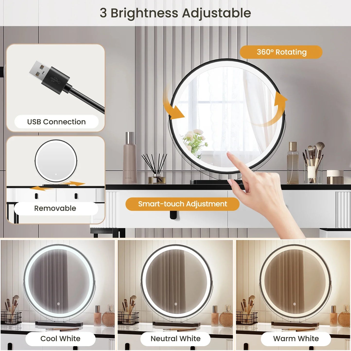 WOLTU Dressing Table with LED Lighting Mobile Mirror Vanity Flexible Assembly Makeup Cosmetic Table for Girls Women Bedroom