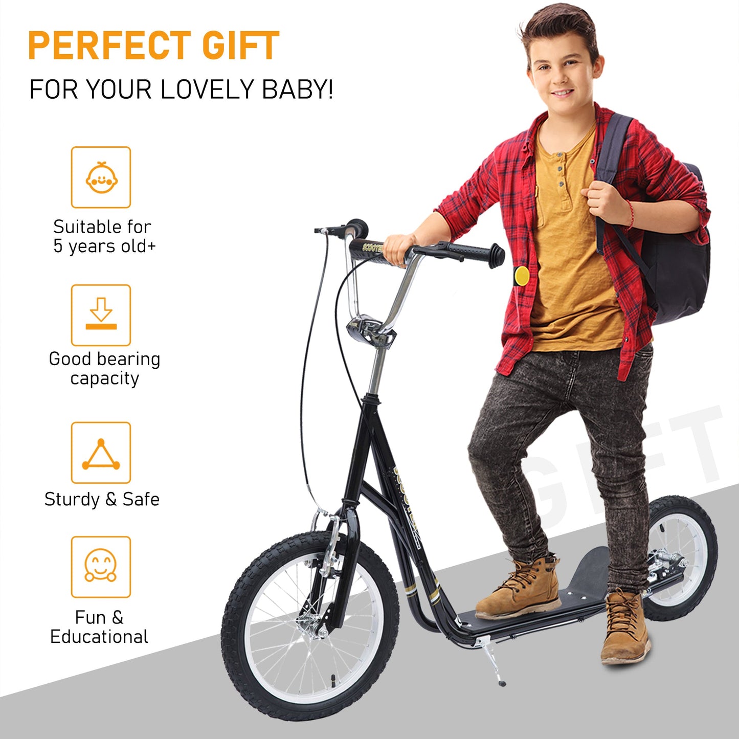 HOMCOM Kids Scooter, Teen Kick Scooter with Rubber Wheels, 16" Front Wheel, Height Adjustable Handlebar, Dual Brakes, Kick Stand, for 5+ Years, Black