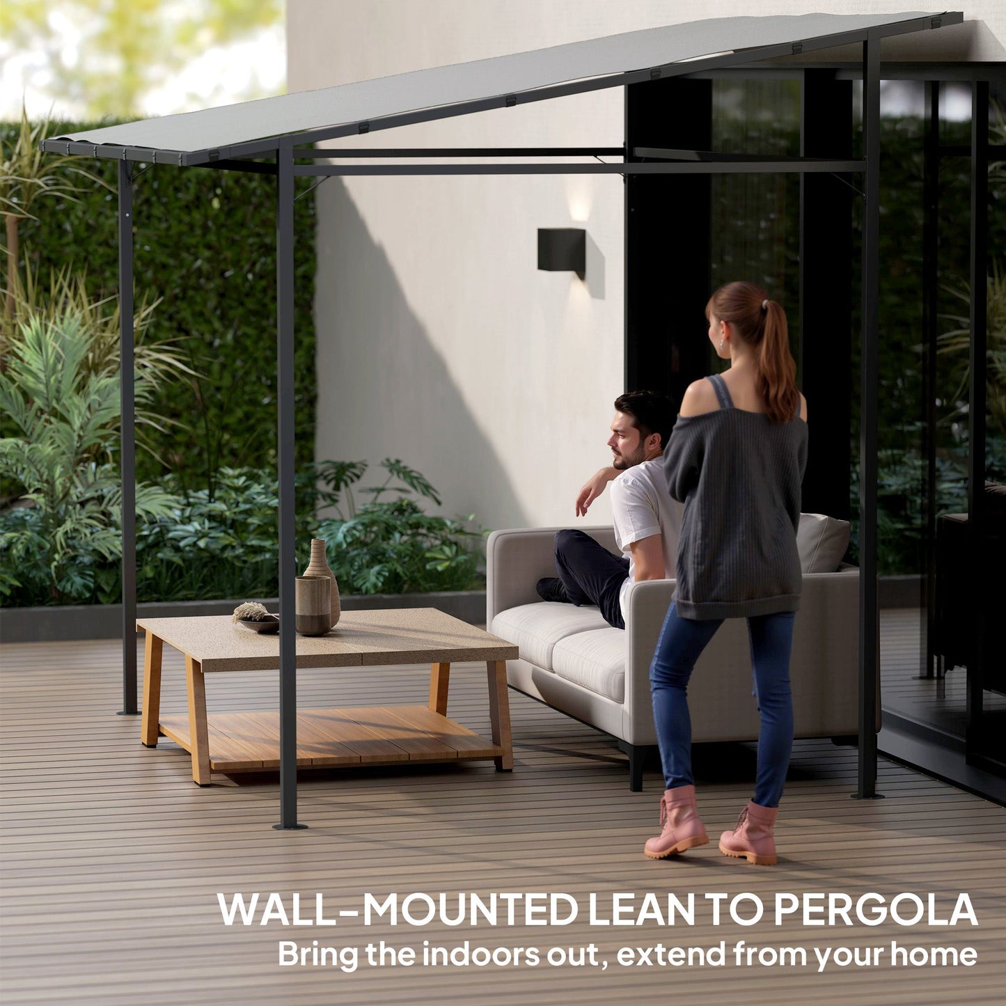Outsunny 2.4 x 2.4 m Wall Mounted Pergola Gazebo with PA Coating Fabric, Metal Frame, UPF30+, Lean to Garden Gazebo, Light Grey