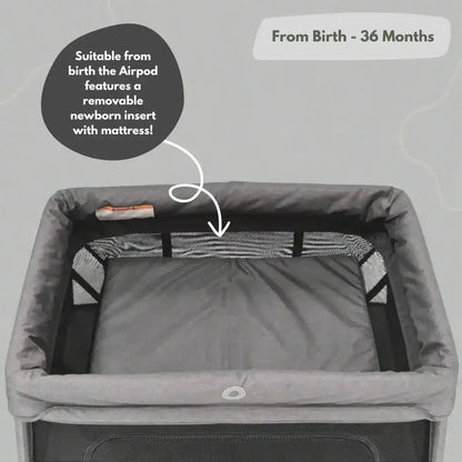 Airpod 3 Travel Cot Includes Newborn Bassinet Insert - Dark Grey