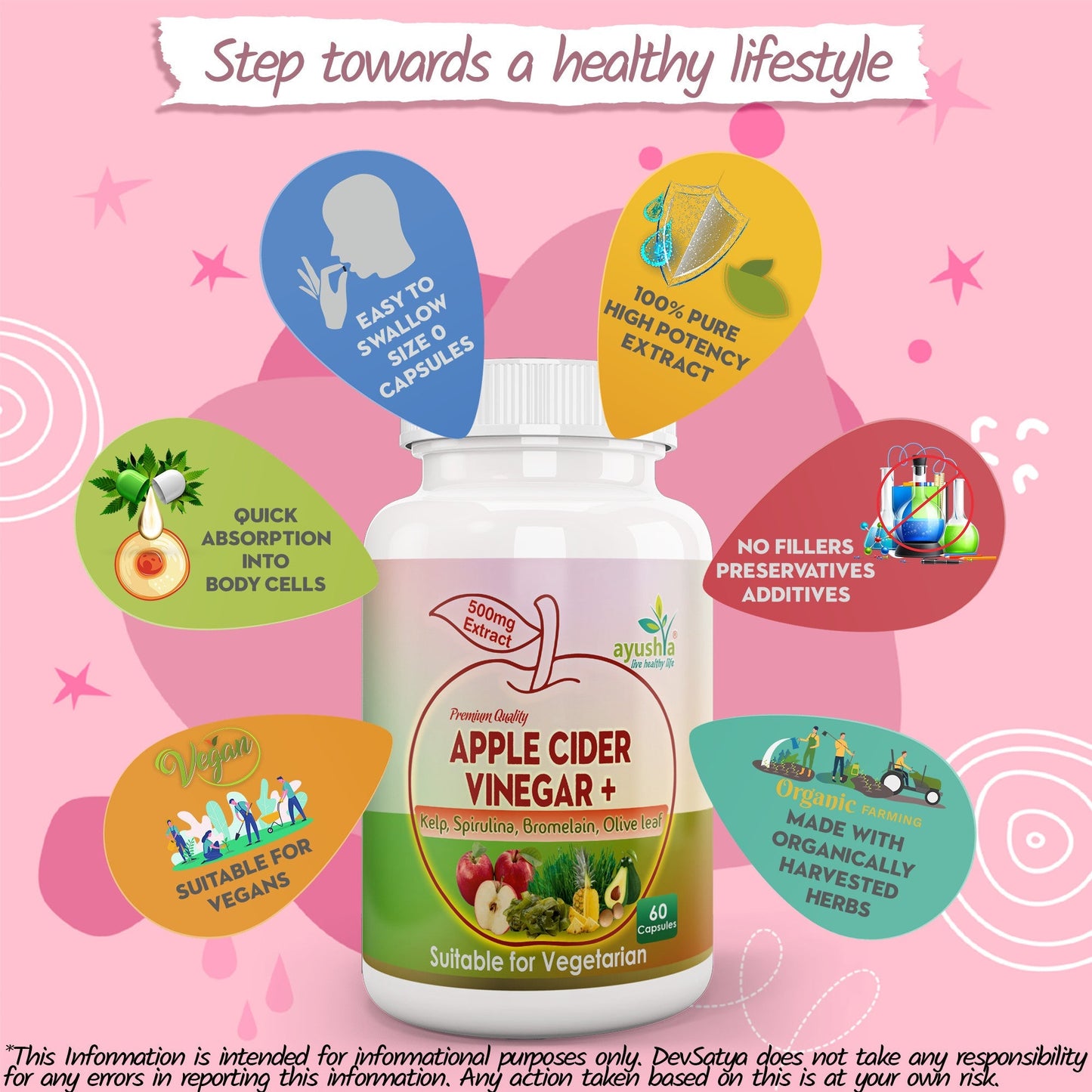 Ayushya Apple Cider Vinegar Capsules (ACV) with Kelp, Spirulina, Bromelain, Olive Leaf Digestive & Metabolic Wellness Support - Vegan, Gluten Free, Non-GMO, 60 Capsules