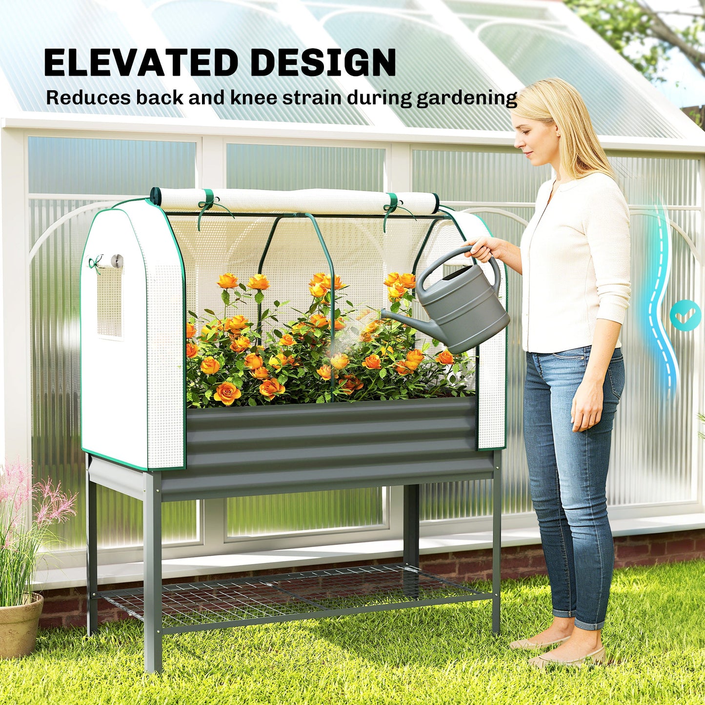 Outsunny Galvanised Raised Planter with Greenhouse Cover, Metal Raised Garden Bed on Legs with Bed Liner and Bottom Shelf