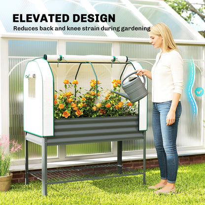 Outsunny Galvanised Raised Planter with Greenhouse Cover, Metal Raised Garden Bed on Legs with Bed Liner and Bottom Shelf