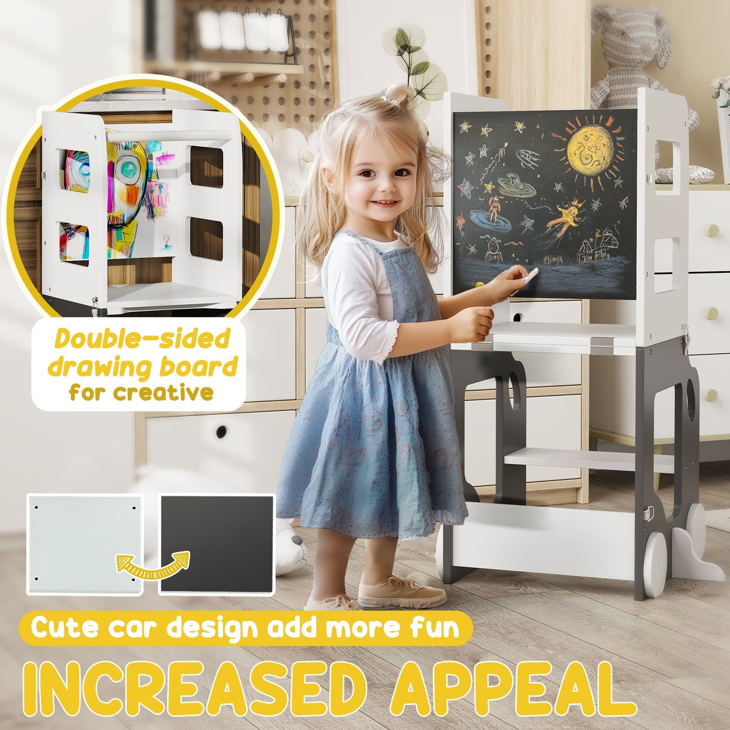AIYAPLAY Toddler Step Stool, 4 in 1 Standing Tower, Foldable Toddler Step with Safety Rail, for Kitchen, Bathroom, Grey