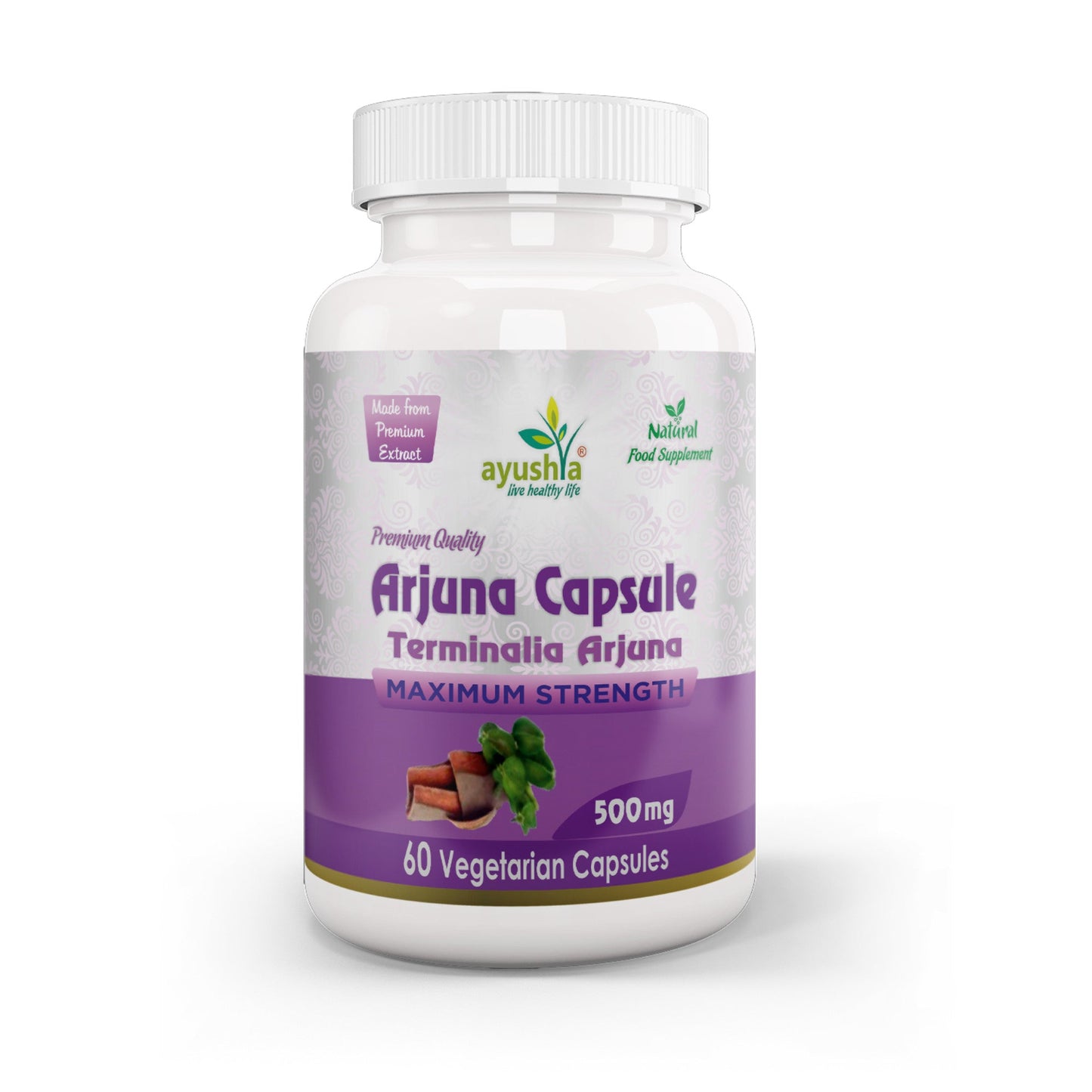 Ayushya Arjuna Capsules (Arjun Tree) Heart Wellness Support - Vegan, Gluten Free, Non-GMO, 60 Capsules