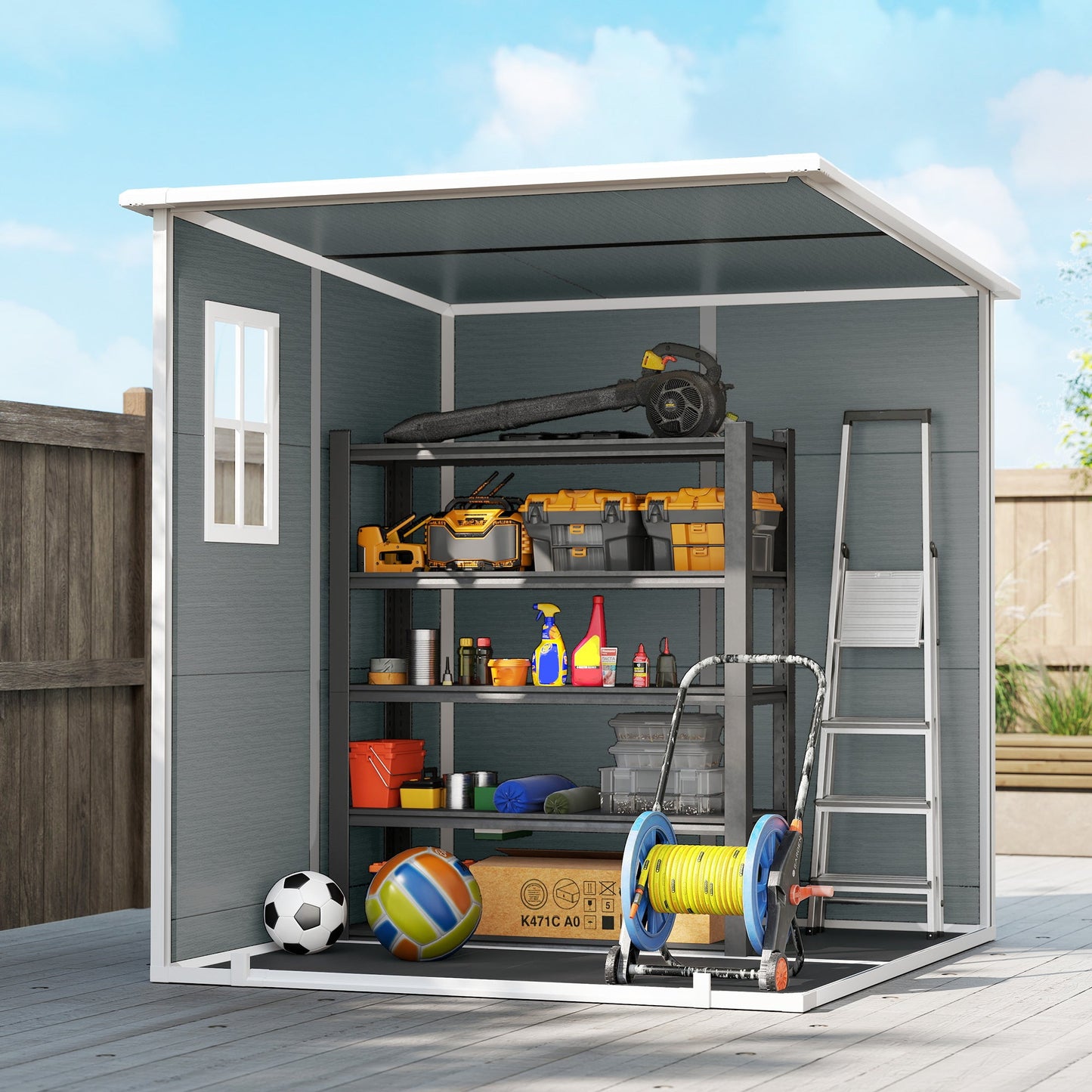 Outsunny 6 x 6 ft Plastic Garden Shed, Wood-Effect Outdoor Storage Shed with Floor, Windows, Lockable Doors and Vents, Grey