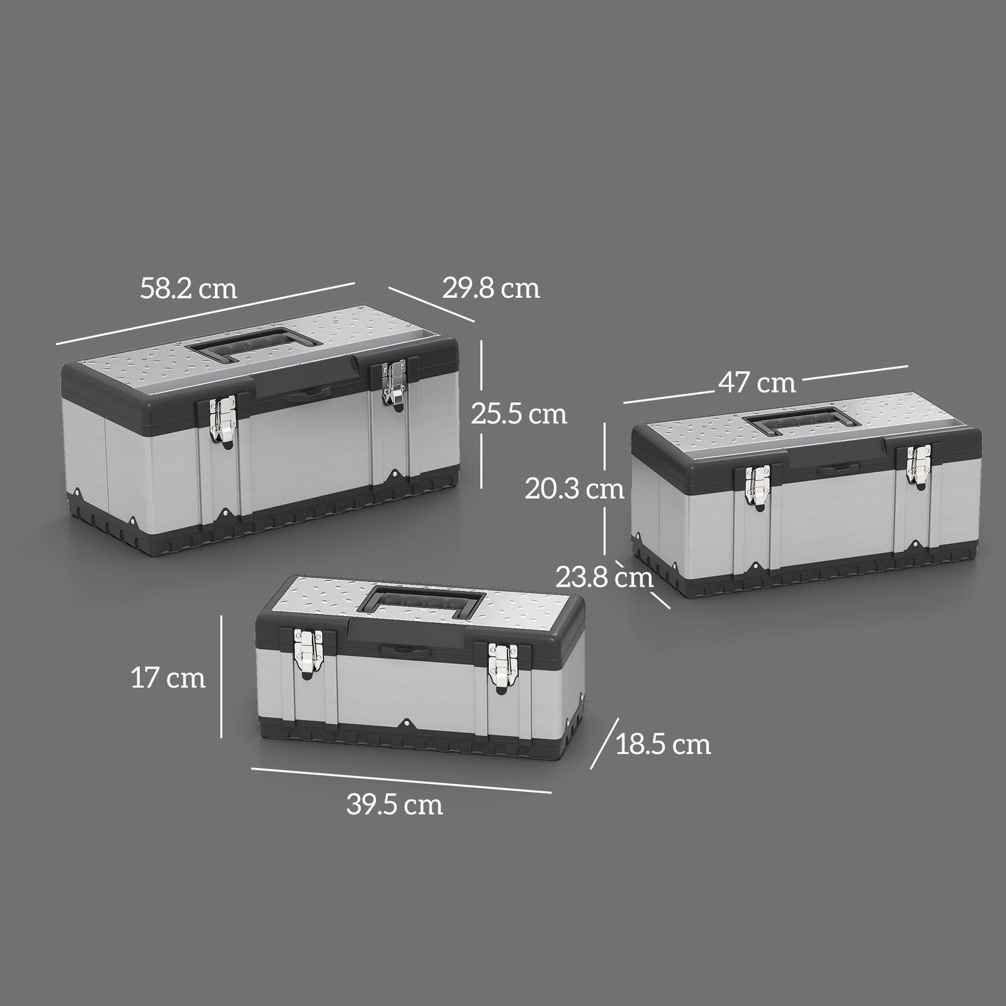 HOMCOM 3 Pieces Stainless Steel Toolbox Set, 23"/ 19"/ 16"