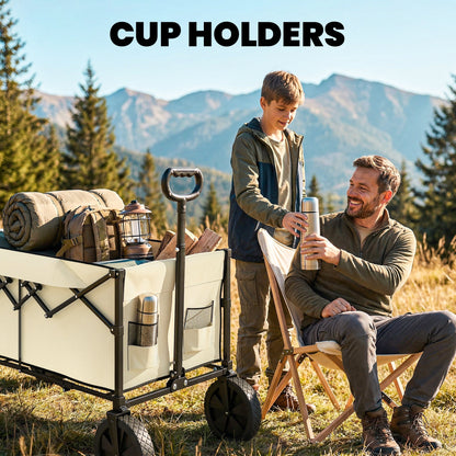 Outsunny 95L Foldable Festival Trolley on Wheels, Collapsible Wagon Cart with Adjustable Handle and 2 Cup Holders, Khaki