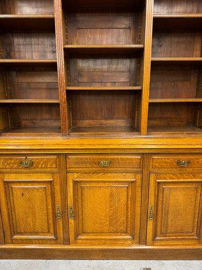 Victorian Solid Oak Breakfront Library Bookcase, TV Stand, Sideboard Display