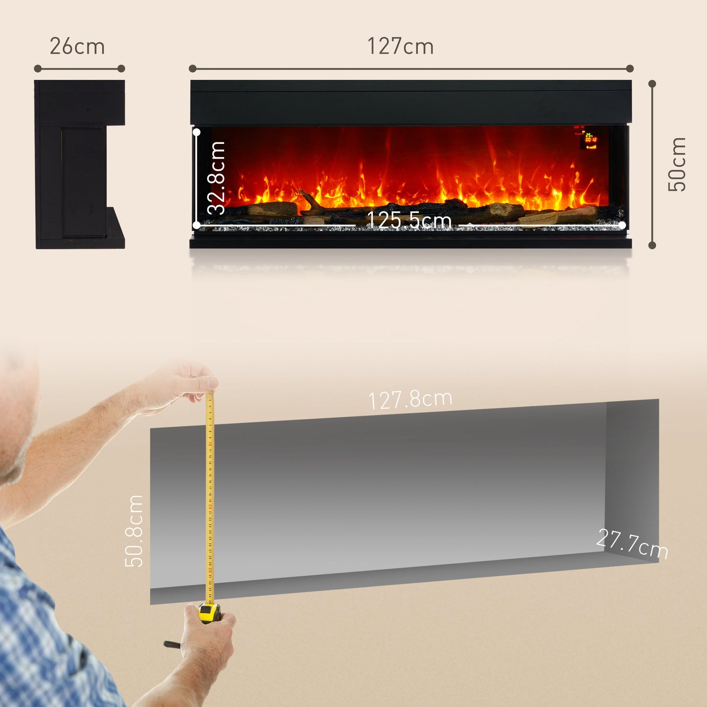HOMCOM 1800W 15-40\'e2\'84\'83 Adjustable Flame Glass Panel Convector Heater, 127cm