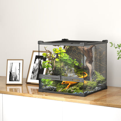 PawHut Reptile Glass Terrarium with Stone Background, Front Ventilation, Escape-Proof Knob Lock, 30 x 30 x 30 cm, Black