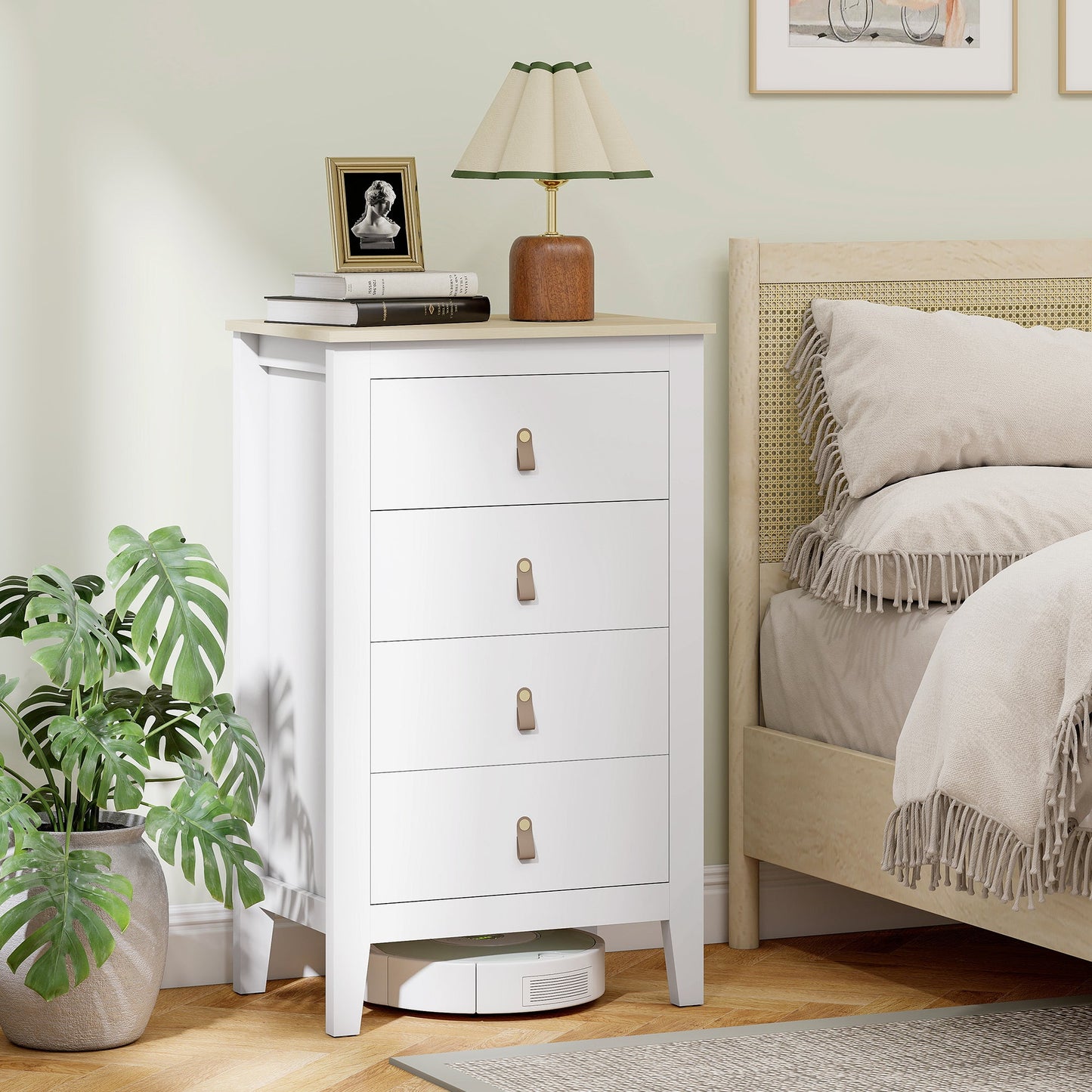 HOMCOM Bedroom Chest of Drawers, Modern 4 Drawer Dresser Cabinet with PU Leather Handles and Metal Runners for Living Room, Hallway, Entryway, White