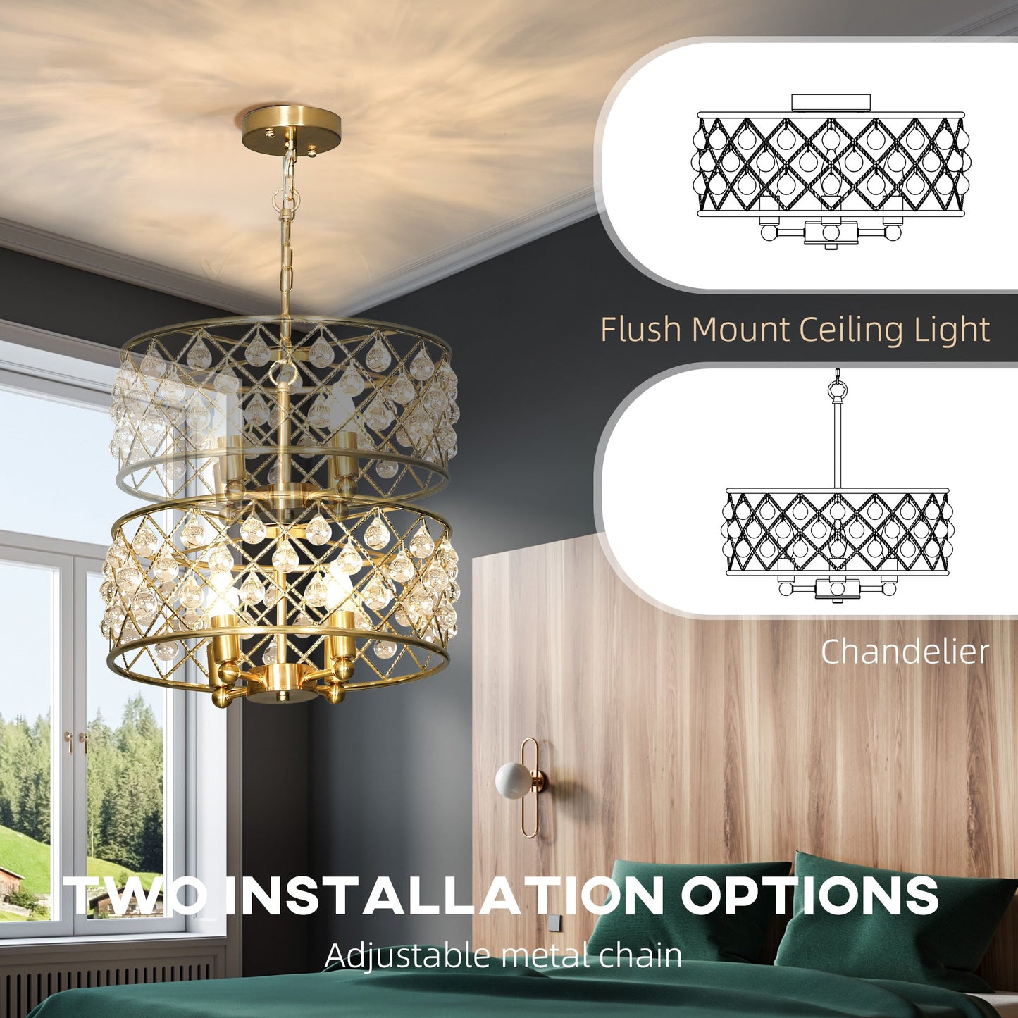 HOMCOM 51 Crystallite Four-Bulb Chandelier - Gold-Tone