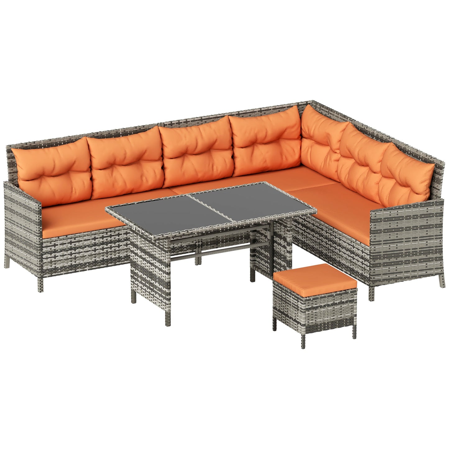 Outsunny 7-Seater Patio wicker Sofa Set Rattan Chair Furniture w/ Glass & Cushioned, Orange