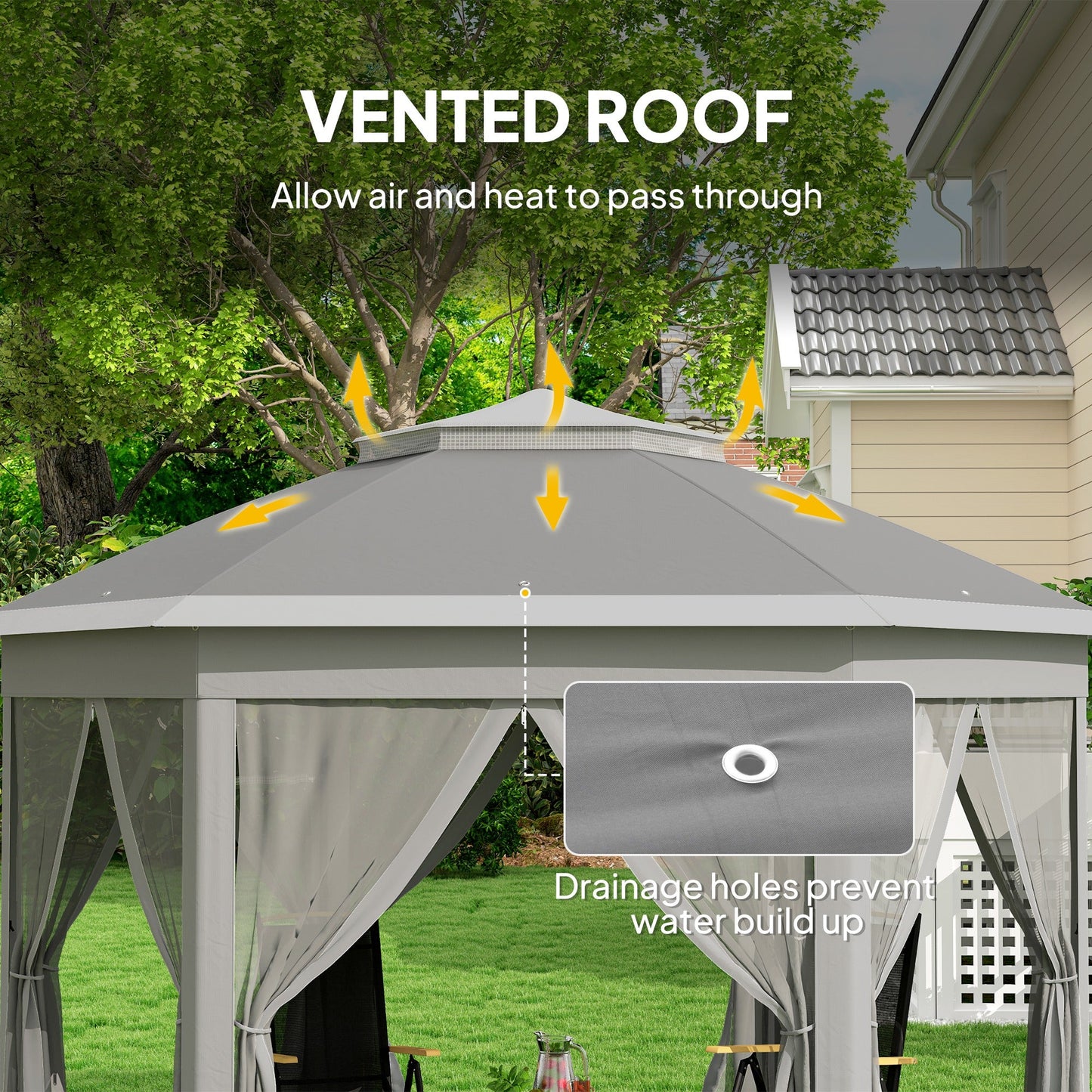 Outsunny 3 x 4m Garden Gazebo Hexagon Pop Up Party Tent Canopy Double Roof Instant Shelter with Netting and Carry Bag，Dark Grey