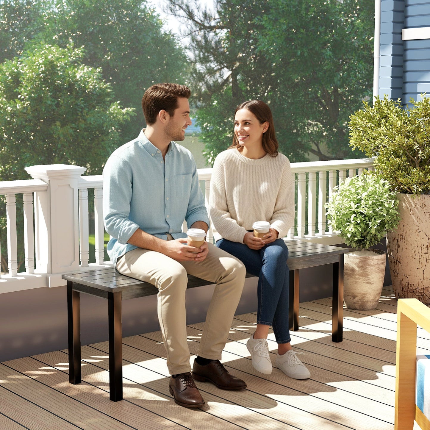 Outsunny 2 Seater Garden Bench, Outdoor Bench Loveseat with Wood-Effect Slatted Seat and Steel Frame for Patio, Park, Grey