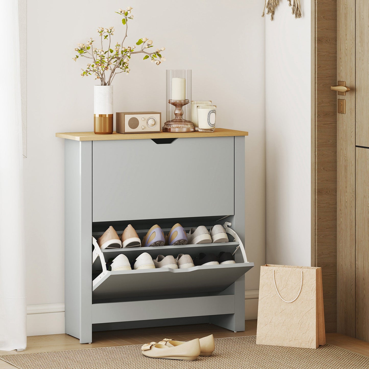 HOMCOM Slim Shoe Cabinet, Narrow Shoe Cupboard with 2 Flip Drawers, Adjustable Shelves for 12 Pairs of Shoes, Light Grey