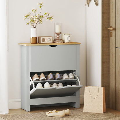 HOMCOM Slim Shoe Cabinet, Narrow Shoe Cupboard with 2 Flip Drawers, Adjustable Shelves for 12 Pairs of Shoes, Light Grey
