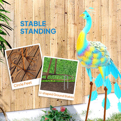 Outsunny Peacock Garden Statue, Standing Garden Ornament, Metal Garden Gift with Stakes for Patio Pond Landscape Decoration, Multi-Colour