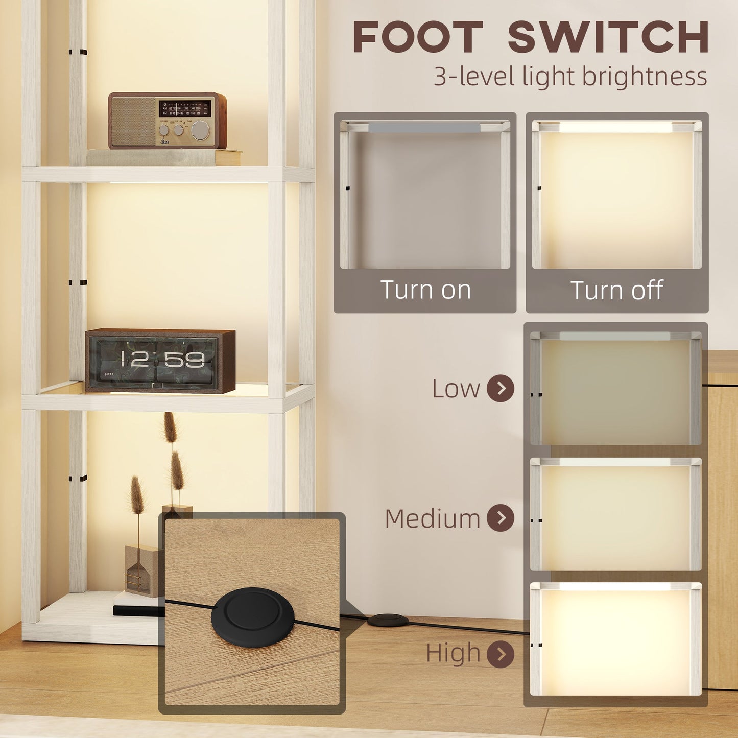 HOMCOM LED Floor Lamp with Glass Shelves, 4 Layers Dimmable Tall Standing Lamp, Modern Column Shelf Floor Light for Living Room, Bedroom, Office, Oak