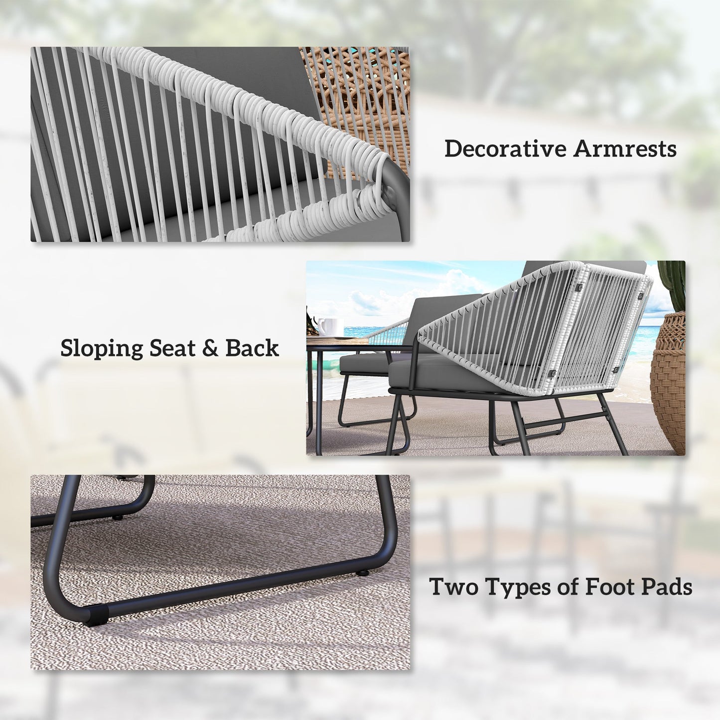 Outsunny 4 Piece Rattan Garden Furniture Set, Wicker Patio Outdoor Furniture Set with Loveseat, Armchairs, Glass Top Coffee Table and Cushions for Patio, Conservatory, Balcony, Grey