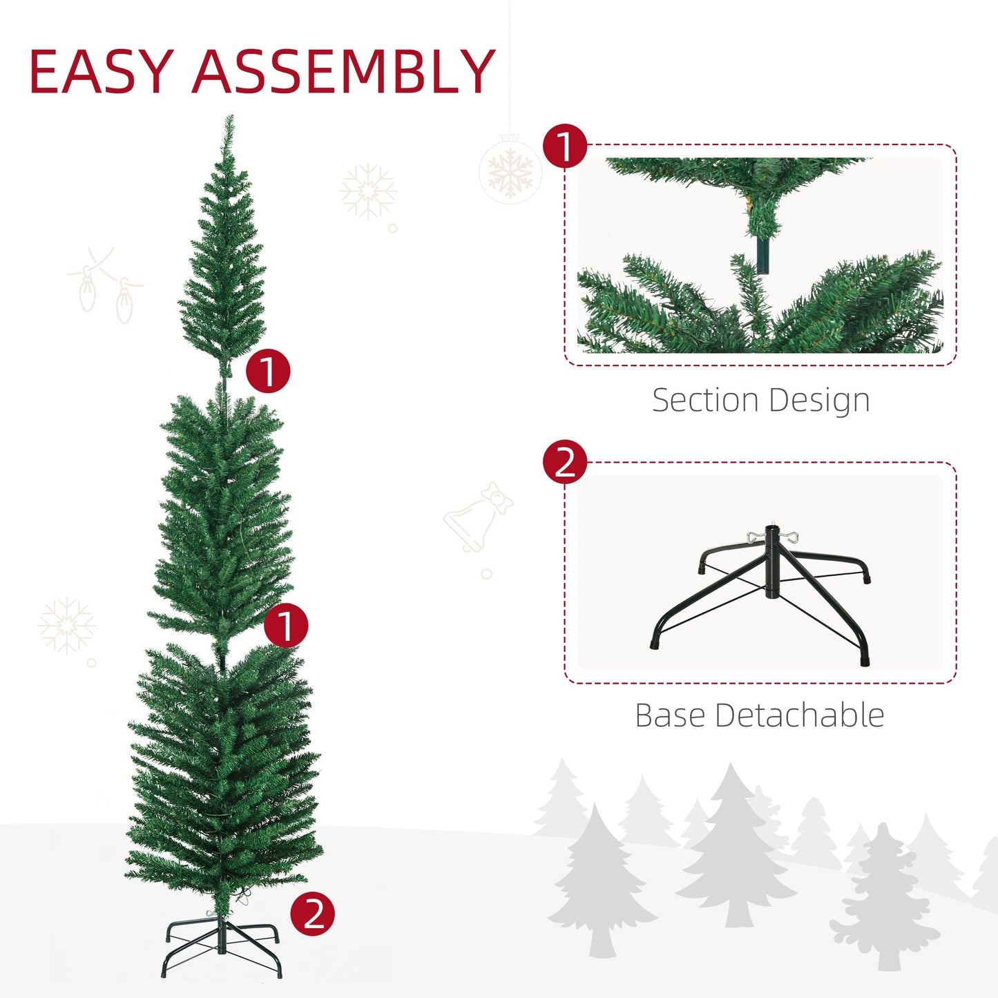 HOMCOM 7.5' Artificial Prelit Christmas Trees Holiday D\'c3\'a9cor with Colourful LED Lights, Pencil Shape, Steel Base