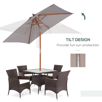 Outsunny 2m x 1.5m Garden Parasol Umbrella with Tilting Sunshade Canopy, Outdoor Market Table Umbrella with Wood and Bamboo Frame, Grey