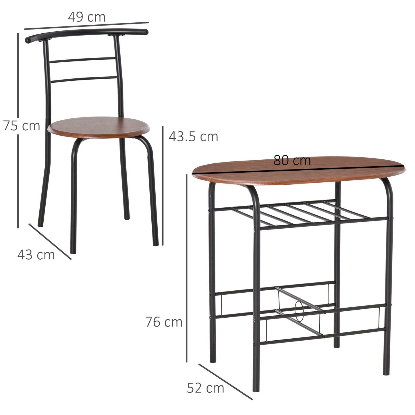HOMCOM 3-Piece Dining Table Set , Metal Frame Wood Top Breakfast Bar Table Set for 2, Dining Table w/Storage Shelf & 2 chairs
