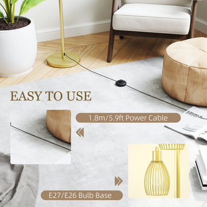 HOMCOM 3-Light Floor Lamp, 170cm Industrial Dimmable Standing Lamp with Steel Wire Cage Lampshades for Living Room, Bedroom, Dining Room, Study, Gold Tone