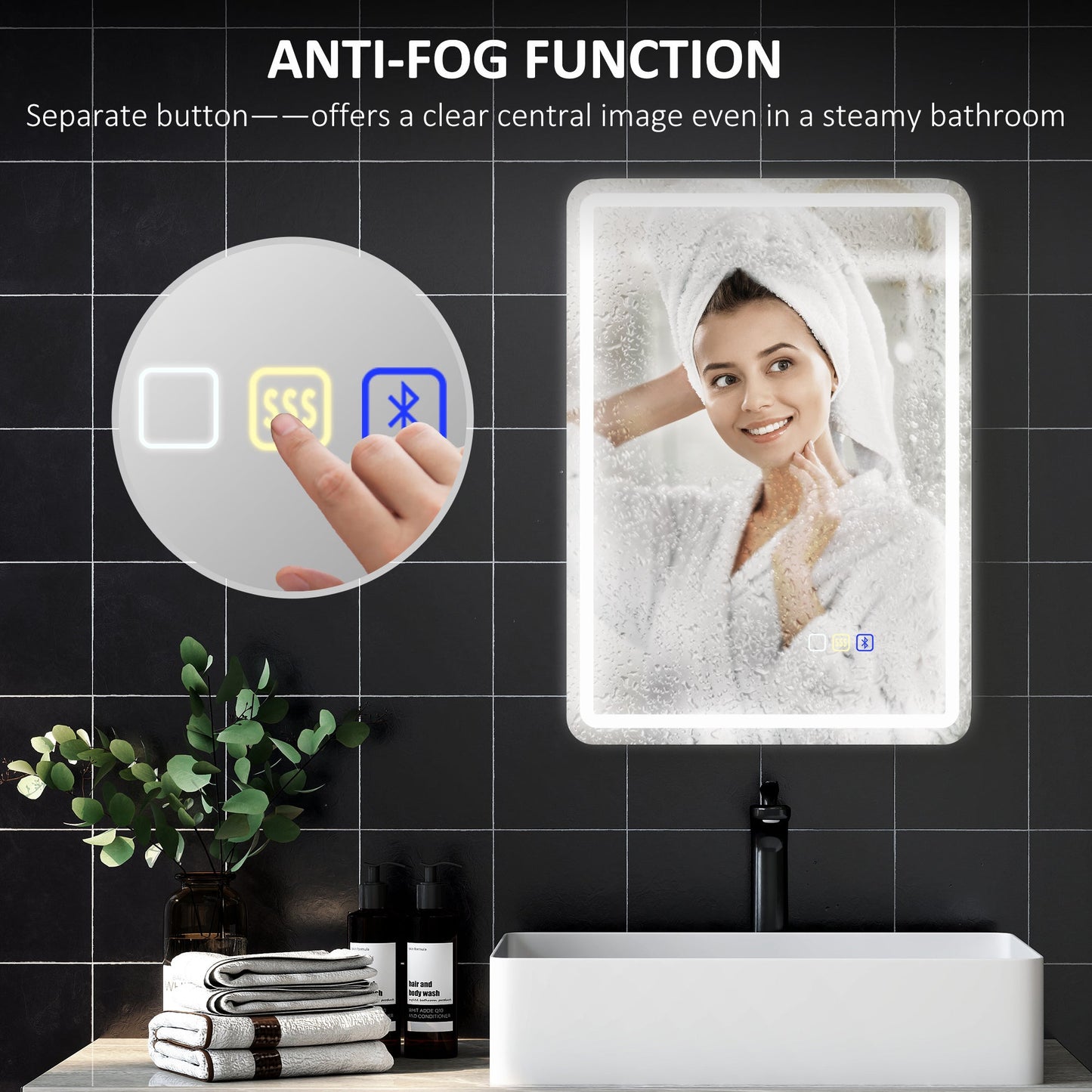 HOMCOM 50 x 70 cm Bluetooth LED Bathroom Mirror with Anti-Fog - Silver Tone