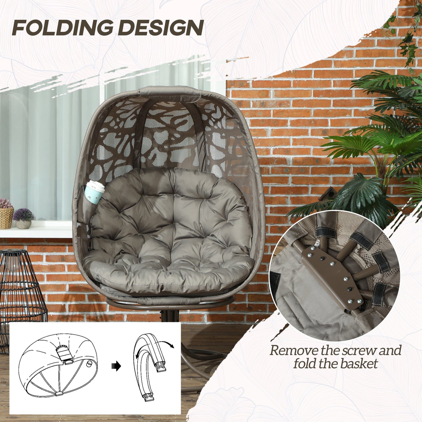 Outsunny Swivel Egg Chair with Cushions, Foldable Basket Seat and Metal Frame, Indoor Outdoor Lounge Chair for Balcony, Poolside, Patio and Living Room, Sand Brown