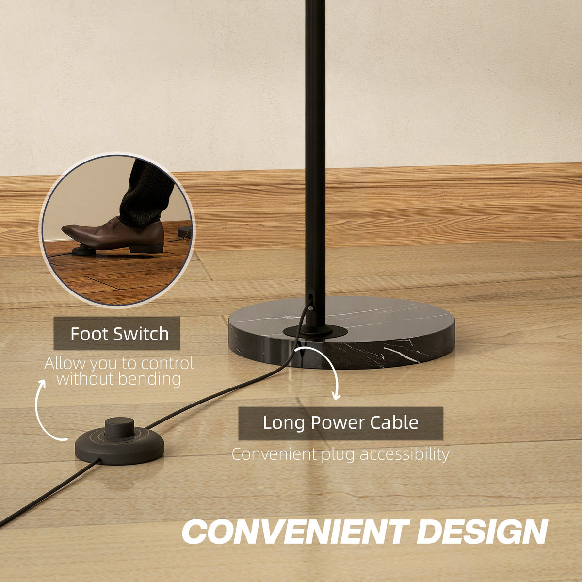 HOMCOM Arc Floor Lamp for Living Room, Modern Adjustable Standing Lamp with Faux Black Marble Base Black