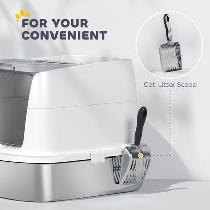 PawHut Large Stainless Steel Litter Box, Enclosed Metal Cat Litter Tray with Scoop, Deodoriser Bag, Front-Entry and Top-Exit