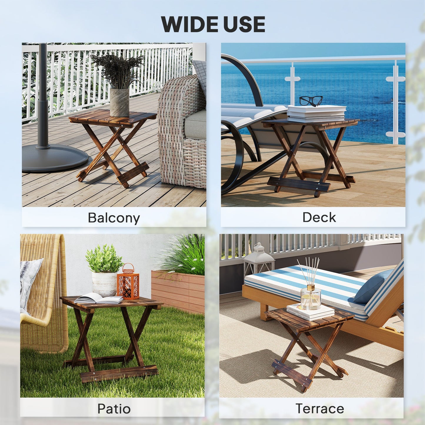 Outsunny Fir Wood Folding Coffee Table, Lightweight Small Garden Table with Slatted Top, Portable Folding Side Table for Balcony