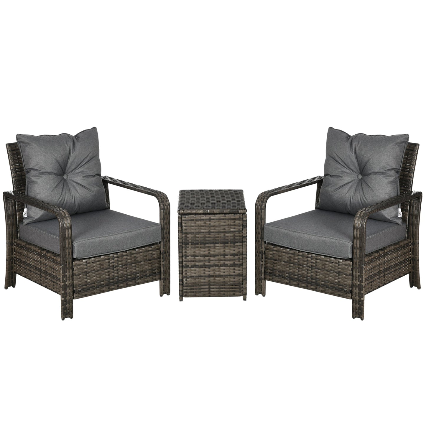 Outsunny 3 Pieces Rattan Bistro Set, Wicker Garden Furniture Set with Storage  Coffee Table and Chairs, Thickened Cushions for Outdoor, Patio, Balcony, Grey
