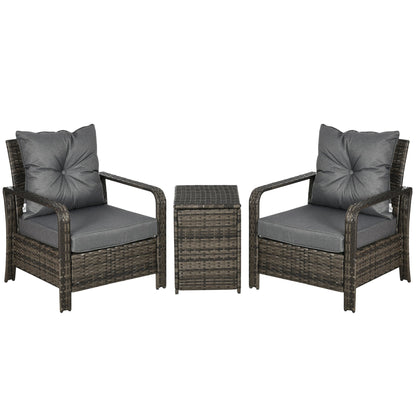 Outsunny 3 Pieces Rattan Bistro Set, Wicker Garden Furniture Set with Storage  Coffee Table and Chairs, Thickened Cushions for Outdoor, Patio, Balcony, Grey