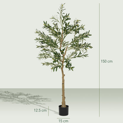 HOMCOM Set of 2 5ft/ 150cm Decorative Artificial Plant, Silk Olive Tree with 720 Leaves and 32 Olive Fruits in Pot, Fake Plant for Home, Office, Living Room, Indoor Decor