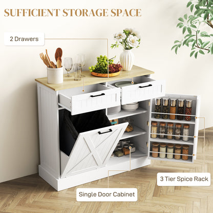 HOMCOM Sideboard with Tilt-out Trash Bin, Farmhouse Kitchen Sideboard with 2 Drawers, Adjustable Shelves, Door Racks, White