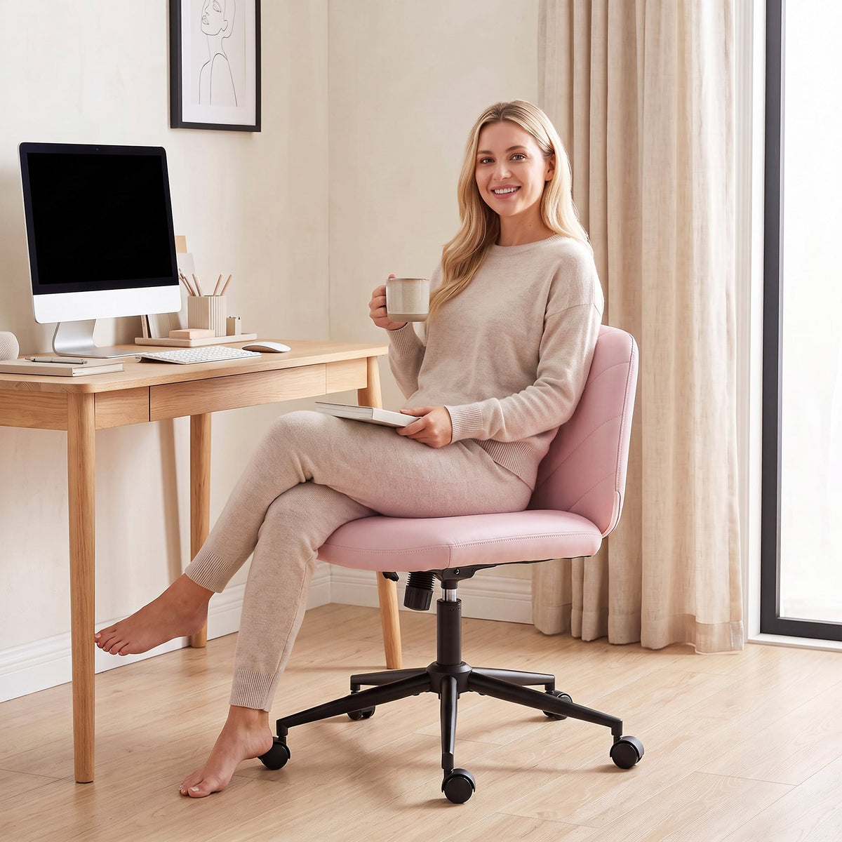 HOMCOM Home Office Desk Chair Height Adjustable Swivel Chair Cross Legged Wide Seat Swivel Wheels Pink