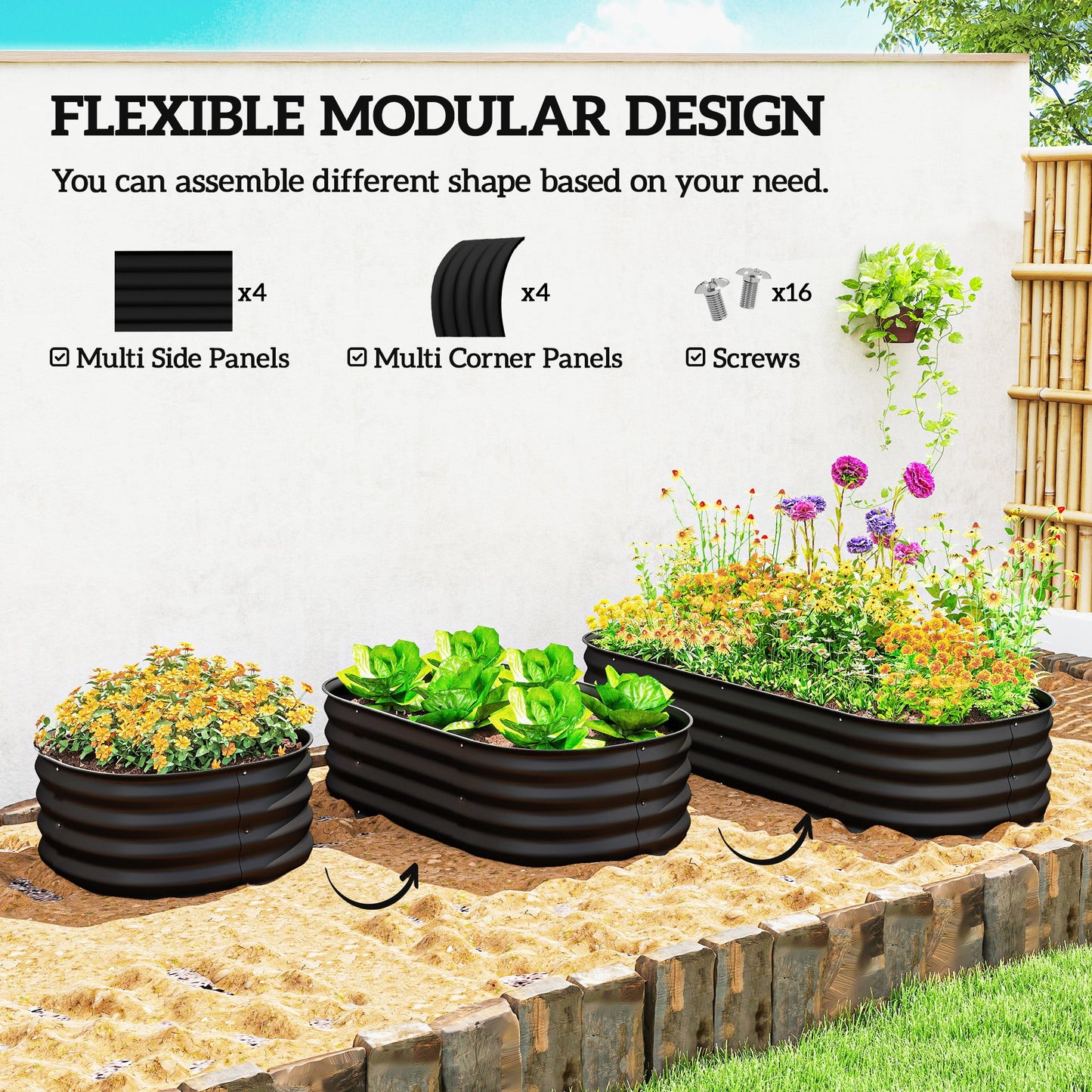 Outsunny Galvanised Raised Garden Bed, Metal Planter Box with Safety Edging, for Flowers, Herbs, Succulents, Black