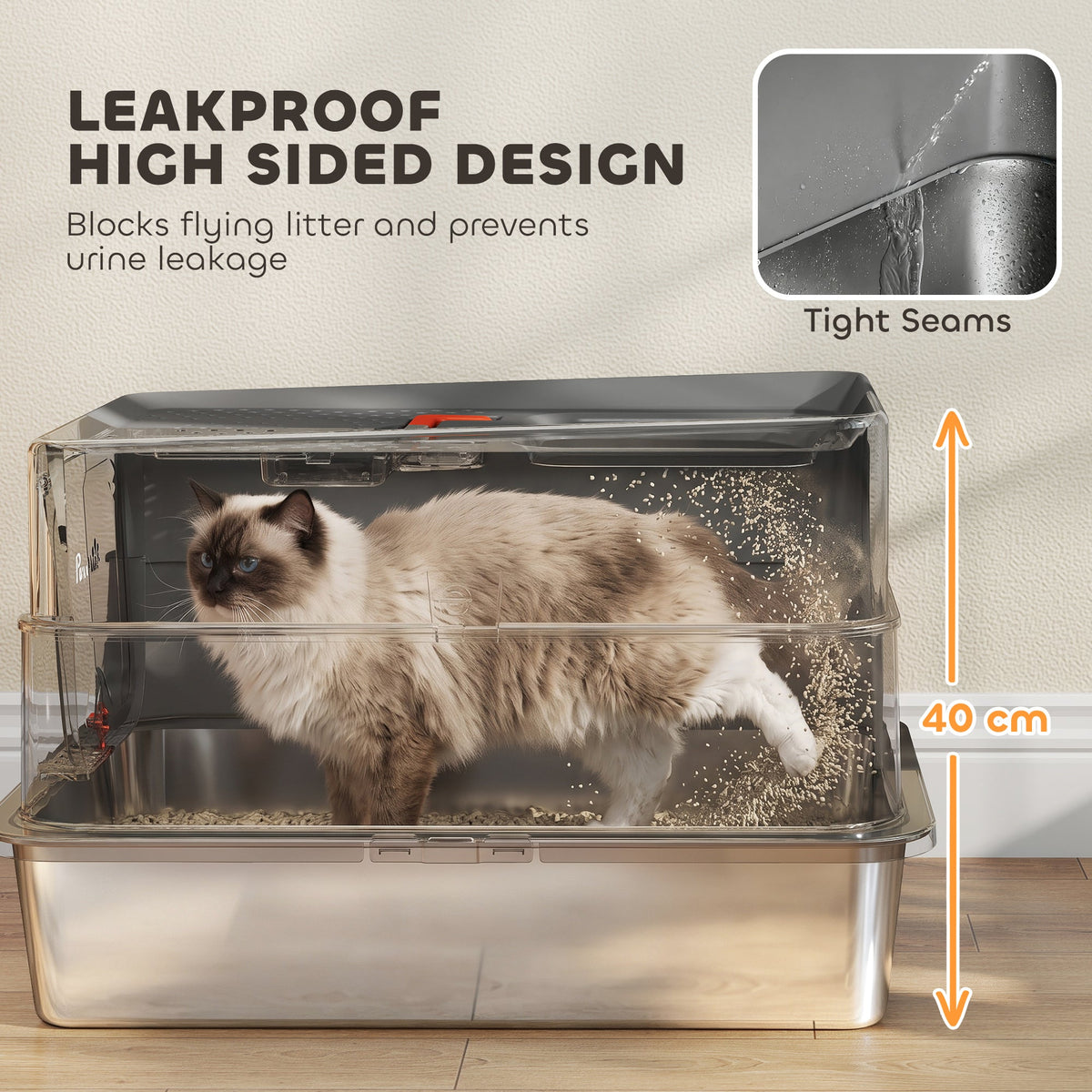 PawHut Stainless Steel Cat Litter Tray with Lid, XL 90L Enclosed Cat Litter Box with Step, Scoop, High Side, Dark Grey