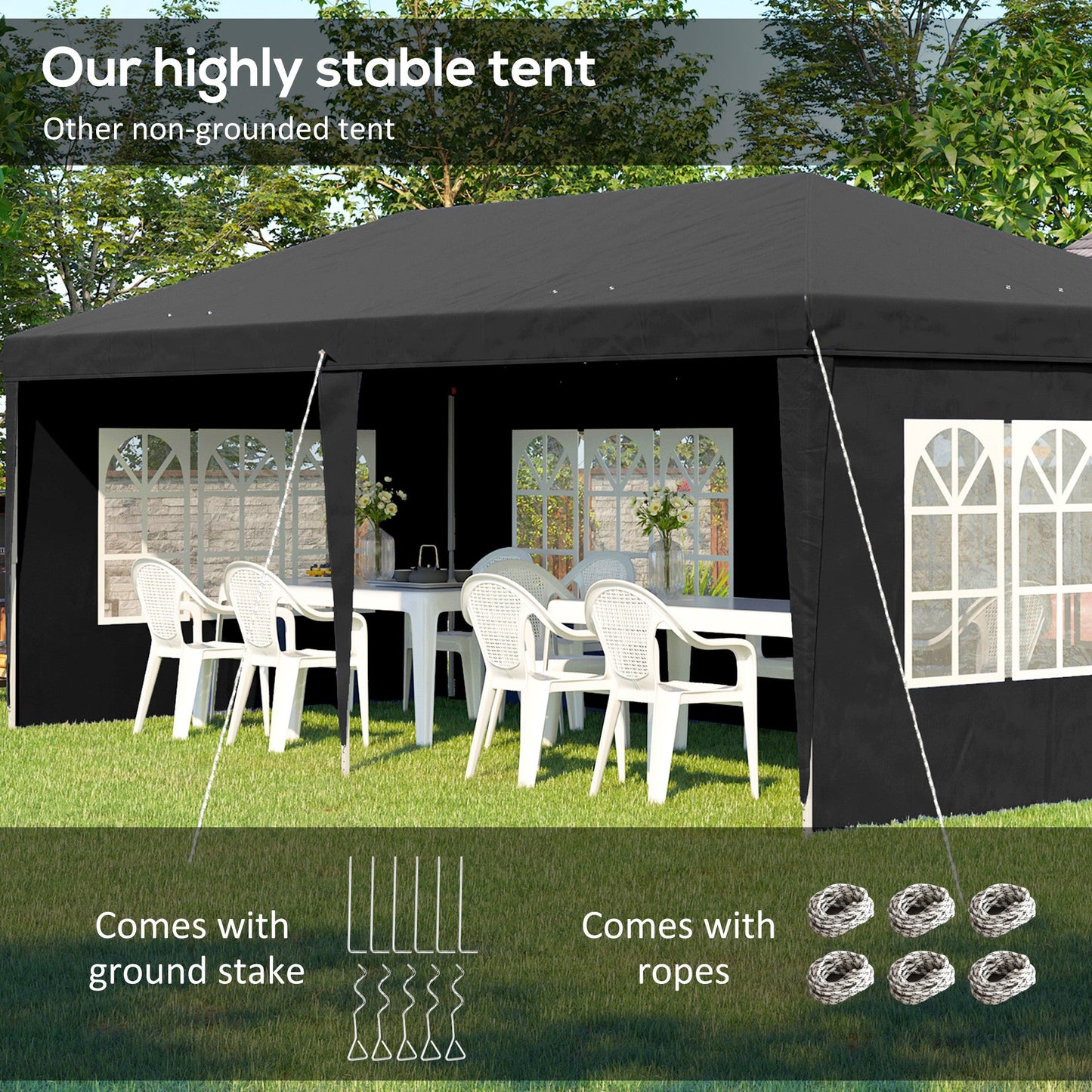 Outsunny 3 x 6m Garden Pop Up Gazebo, Height Adjustable Marquee Party Tent with Sidewalls, Storage Bag, Black