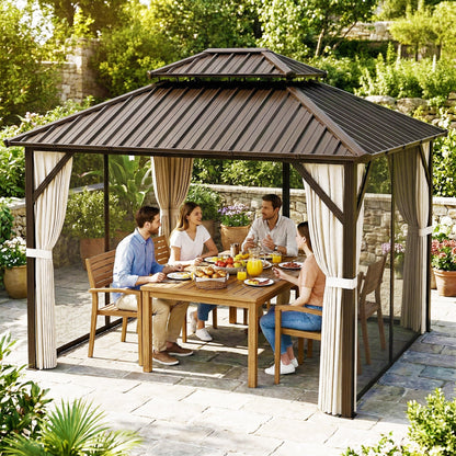 Outsunny 3x3 m Hardtop Gazebo Canopy with UPF50+ Double Galvanised Steel Roof, Aluminium Garden Gazebo Permanent Pavilion, Brown