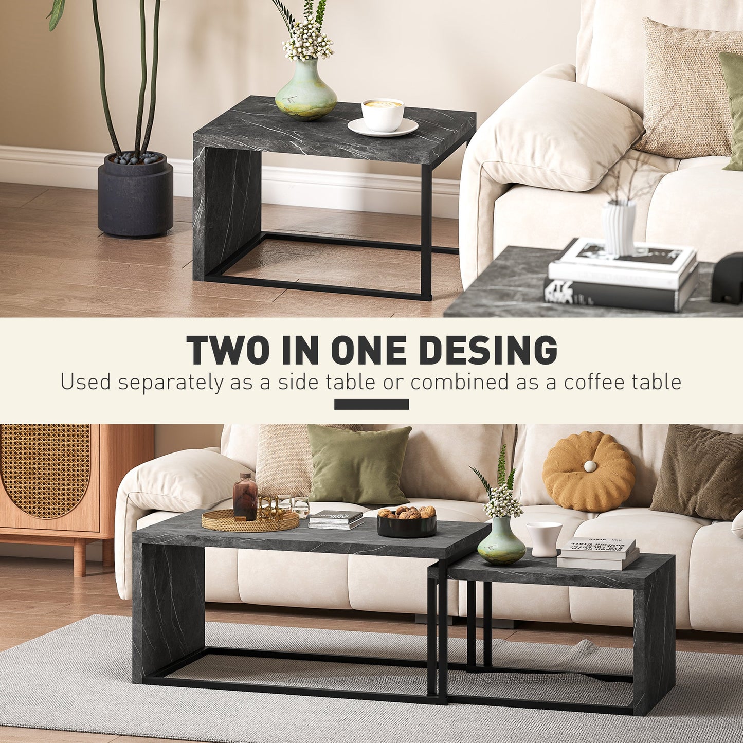 HOMCOM Coffee Tables Set of 2, Industrial Nest of Tables with Metal Frame for Living Room Bedroom, Dark Grey Marble Effect