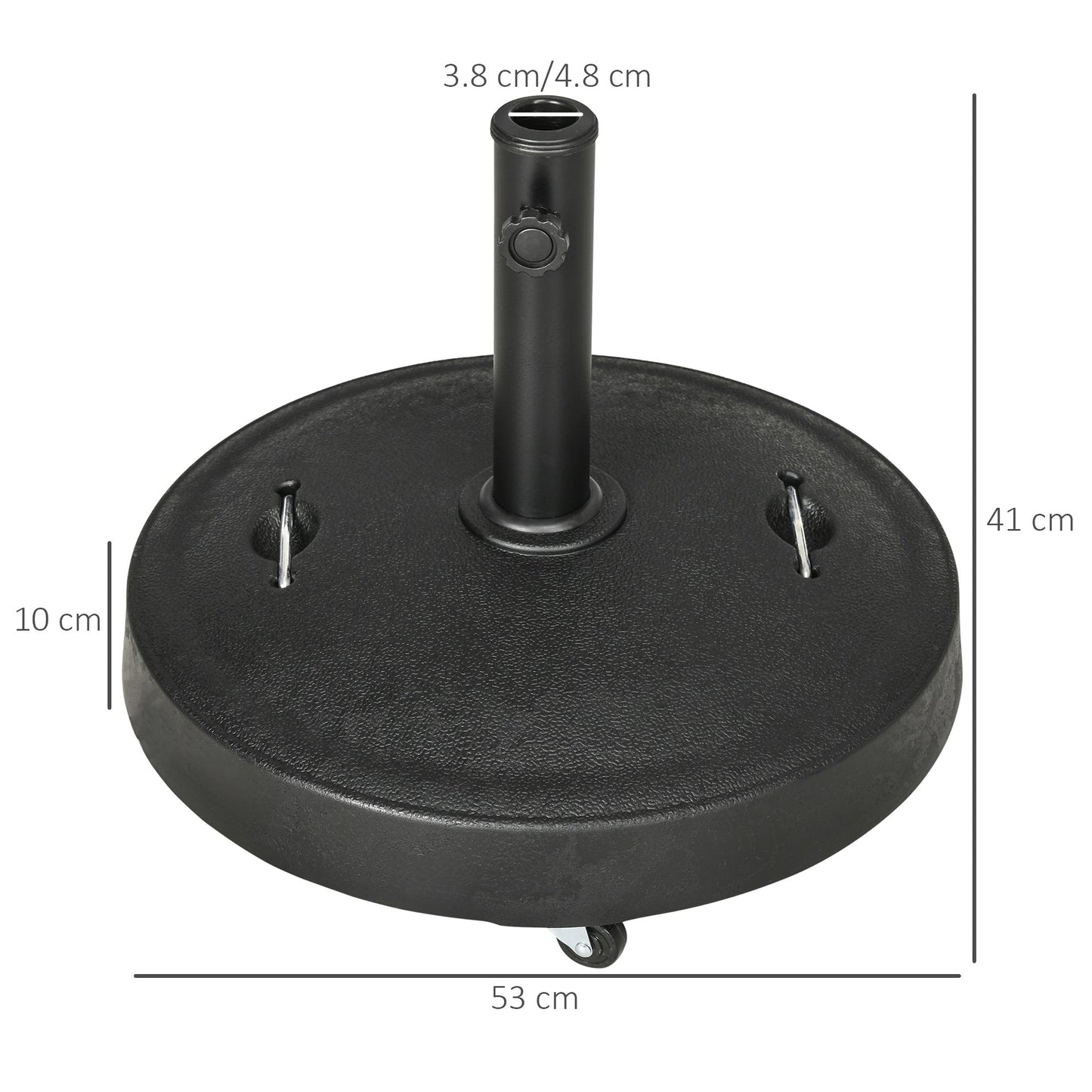 Outsunny 23.5kg Resin Garden Parasol Base with Wheels and Retractable Handles, Round Outdoor Market Umbrella Stand Weight for Poles of \'ce\'a638mm to \'ce\'a648mm, Black