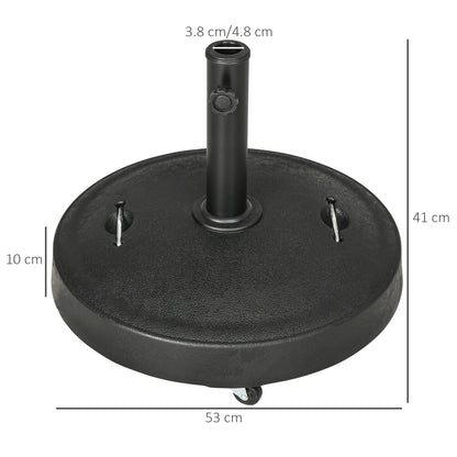 Outsunny 23.5kg Resin Garden Parasol Base with Wheels and Retractable Handles, Round Outdoor Market Umbrella Stand Weight for Poles of \'ce\'a638mm to \'ce\'a648mm, Black