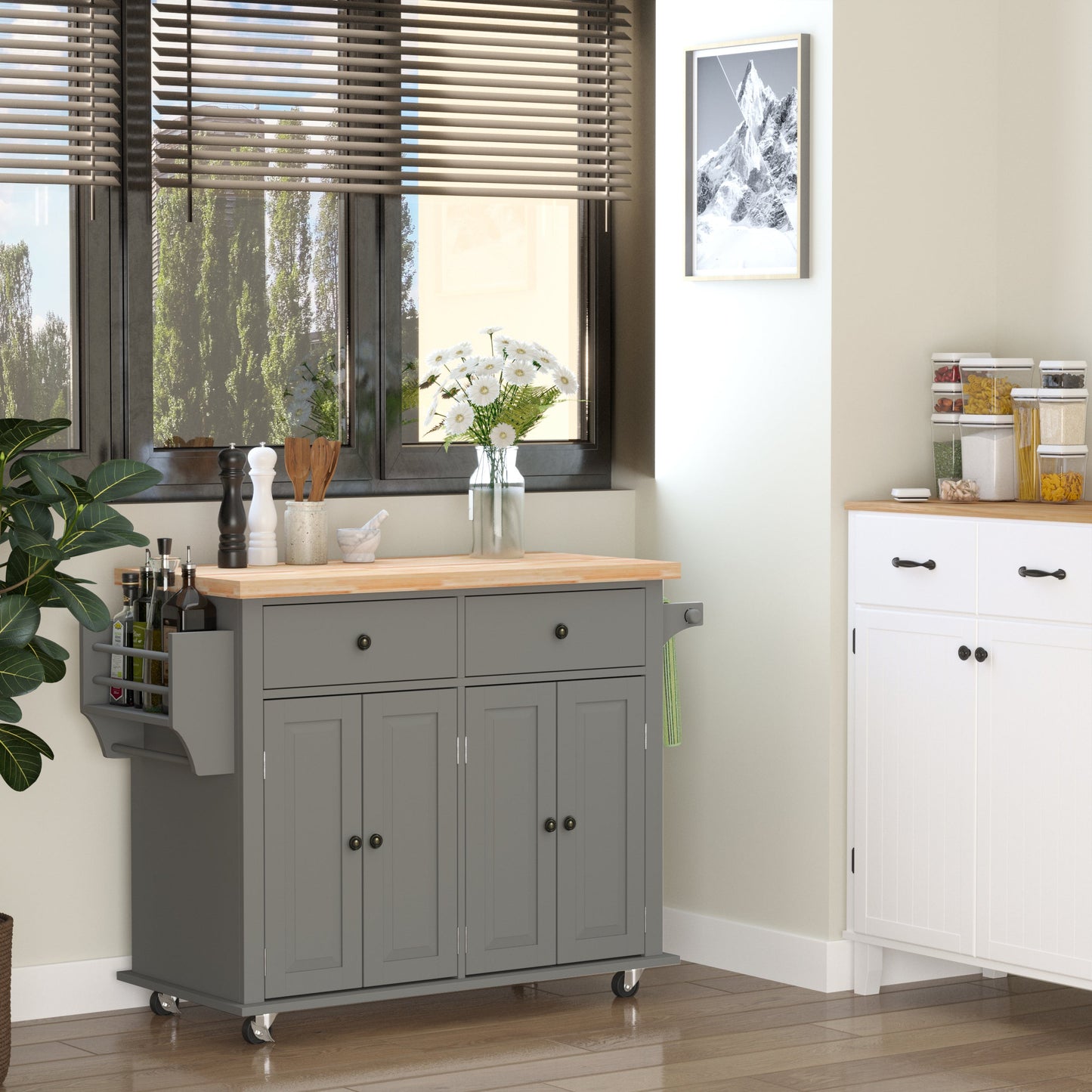 HOMCOM Rolling Kitchen Island Storage Trolley with Rubber Wood Top & Drawers for Dining Room, Grey