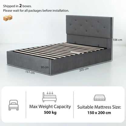 HOMCOM King Size Bed Frame Gas Side Lift Under Bed Storage Upholstered Platform Bed Tufted Headboard for 150 x 200 cm Mattress